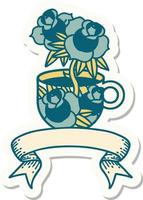 tattoo style sticker with banner of a cup and flowers vector