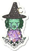 grunge sticker of a crying half orc witch with natural one D20 dice roll vector