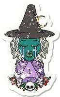 Retro Tattoo Style sad half orc witch character with natural one D20 roll vector