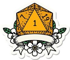 sticker of a natural one d20 dice roll vector