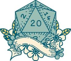 Retro Tattoo Style natural twenty D20 dice roll vector