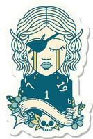 sticker of a sad elf rogue character face with natural one d20 roll vector