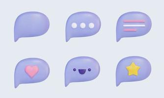 3d speech bubbles icons set. Cartoon boxes with lines, dots, heart, star, funny face. Social networking and communication. Realistic vector design element.