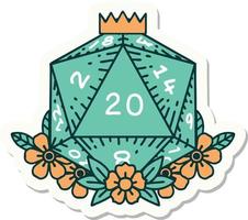 sticker of a natural 20 D20 dice roll with floral elements vector