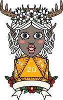 Retro Tattoo Style elf druid character with natural 20 dice roll vector