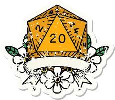 grunge sticker of a natural 20 critical hit D20 dice roll vector