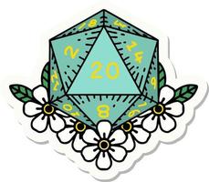 sticker of a natural 20 D20 dice roll with floral elements vector