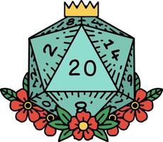 Retro Tattoo Style natural 20 D20 dice roll with floral elements vector