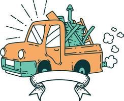 scroll banner with tattoo style truck carrying junk vector