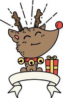 scroll banner with tattoo style christmas reindeer with present vector