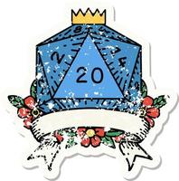 grunge sticker of a natural 20 critical hit D20 dice roll vector