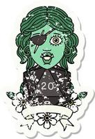 grunge sticker of a half orc rogue character with natural twenty dice roll vector