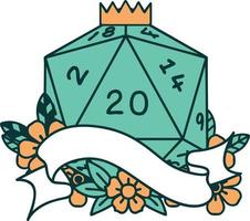 Retro Tattoo Style natural twenty D20 dice roll vector