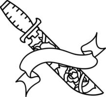 traditional black linework tattoo with banner of a dagger and flowers vector