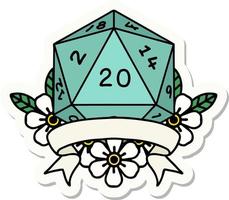 sticker of a natural 20 critical hit D20 dice roll vector