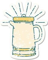 worn old sticker of a tattoo style coffee pot vector