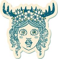 grunge sticker of a human druid character face vector