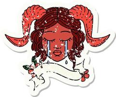 grunge sticker of a crying tiefling character face with scroll banner vector