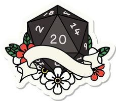 sticker of a natural twenty D20 dice roll vector