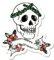 worn old sticker with banner of a skull with laurel wreath crown vector