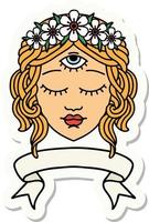 tattoo style sticker with banner of female face with third eye and crown of flowers vector