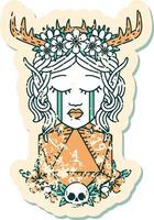 Retro Tattoo Style crying elf druid character face with natural one D20 roll vector