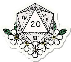 grunge sticker of a natural 20 D20 dice roll with floral elements vector