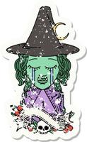 grunge sticker of a crying half orc witch character face with natural one d20 dice roll vector