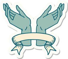 tattoo style sticker with banner of open hands vector