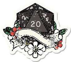 grunge sticker of a natural twenty D20 dice roll vector