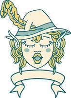 Retro Tattoo Style singing elf bard character face with banner vector