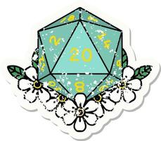 grunge sticker of a natural 20 D20 dice roll with floral elements vector