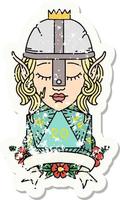 grunge sticker of a elf fighter with natural 20 dice roll vector