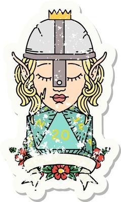grunge sticker of a elf fighter with natural 20 dice roll