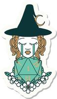 sticker of a crying human witch with natural one D20 dice roll vector