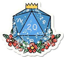 grunge sticker of a natural 20 D20 dice roll with floral elements vector