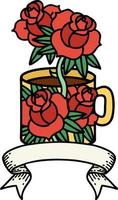 traditional tattoo with banner of a cup and flowers vector