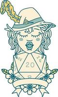 Retro Tattoo Style elf bard with natural twenty dice roll vector
