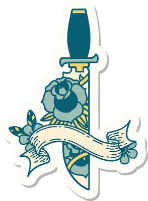 tattoo style sticker with banner of a dagger and flowers