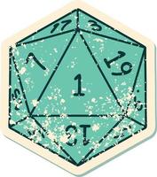 Retro Tattoo Style natural 1 D20 dice roll vector