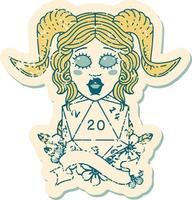 Retro Tattoo Style tiefling with natural twenty dice roll vector