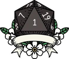 Retro Tattoo Style natural one d20 dice roll vector