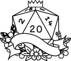 Black and White Tattoo linework Style natural twenty D20 dice roll vector