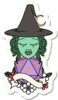 sticker of a half orc witch character with natural twenty dice roll vector