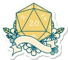 sticker of a natural twenty D20 dice roll vector