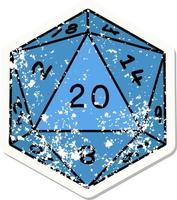 grunge sticker of a natural 20 D20 dice roll vector