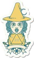 sticker of a human witch with natural twenty dice roll vector