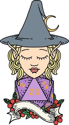 Retro Tattoo Style elf mage character with natural twenty dice roll