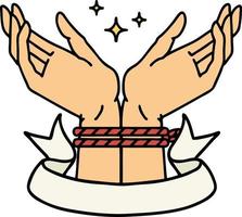 traditional tattoo with banner of a pair of tied hands vector