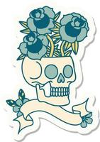 tattoo style sticker with banner of a skull and roses vector